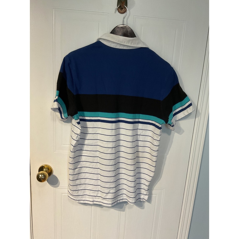 American Eagle Polo Shirt Mens Medium Blue White Excellent Striped Colorblock - Picture 4 of 4